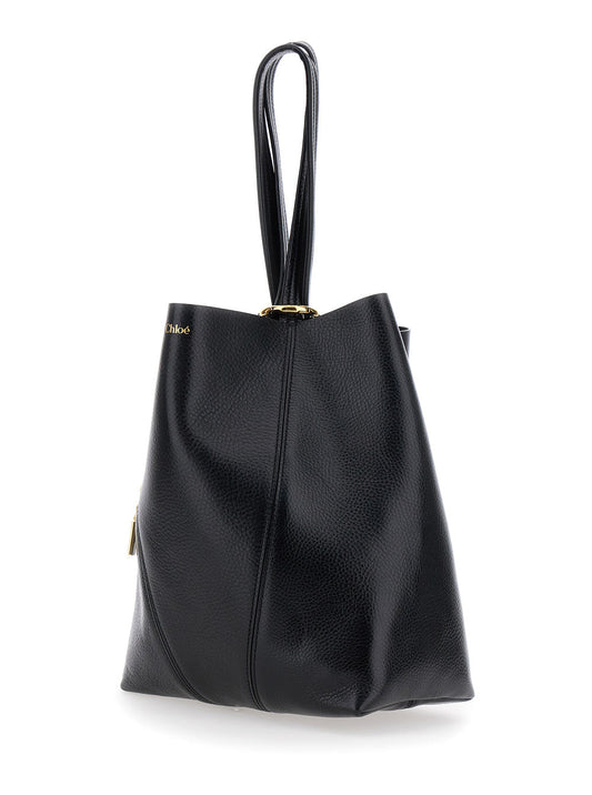 Chloé Women 'Spin' Black Shoulder Bag With Metal Logo Medals In Grained Leather Woman