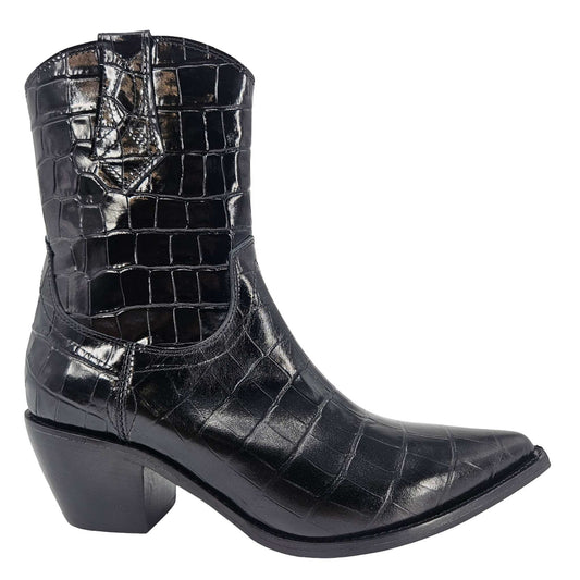 Black Leather Croc Embossed Pointy Ankle Boot