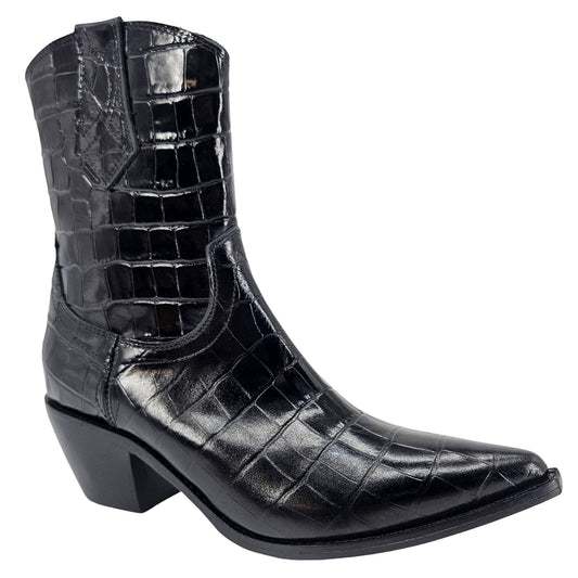 Black Leather Croc Embossed Pointy Ankle Boot