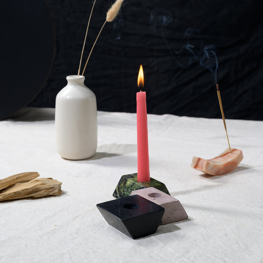 Triangle Gemstone puzzle  / 3piece candelabra Black onyx, Serpentine, Lila Fosfosiderita
