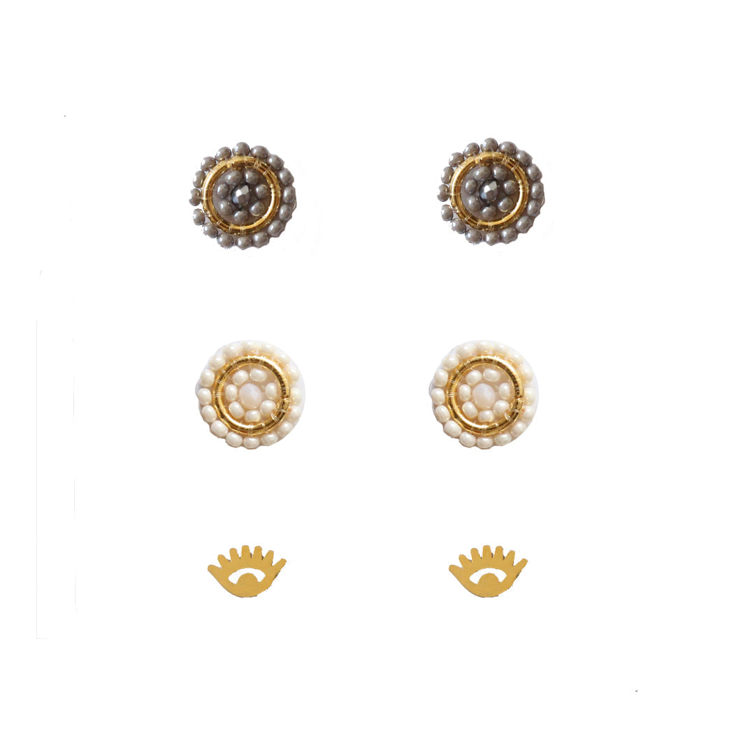 Beaded Stud Pack Pearl + Silver