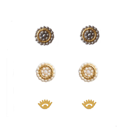 Beaded Stud Pack Pearl + Silver