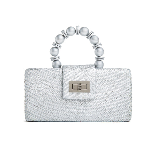 THE SERENA Silver Woven Straw Clutch Bag