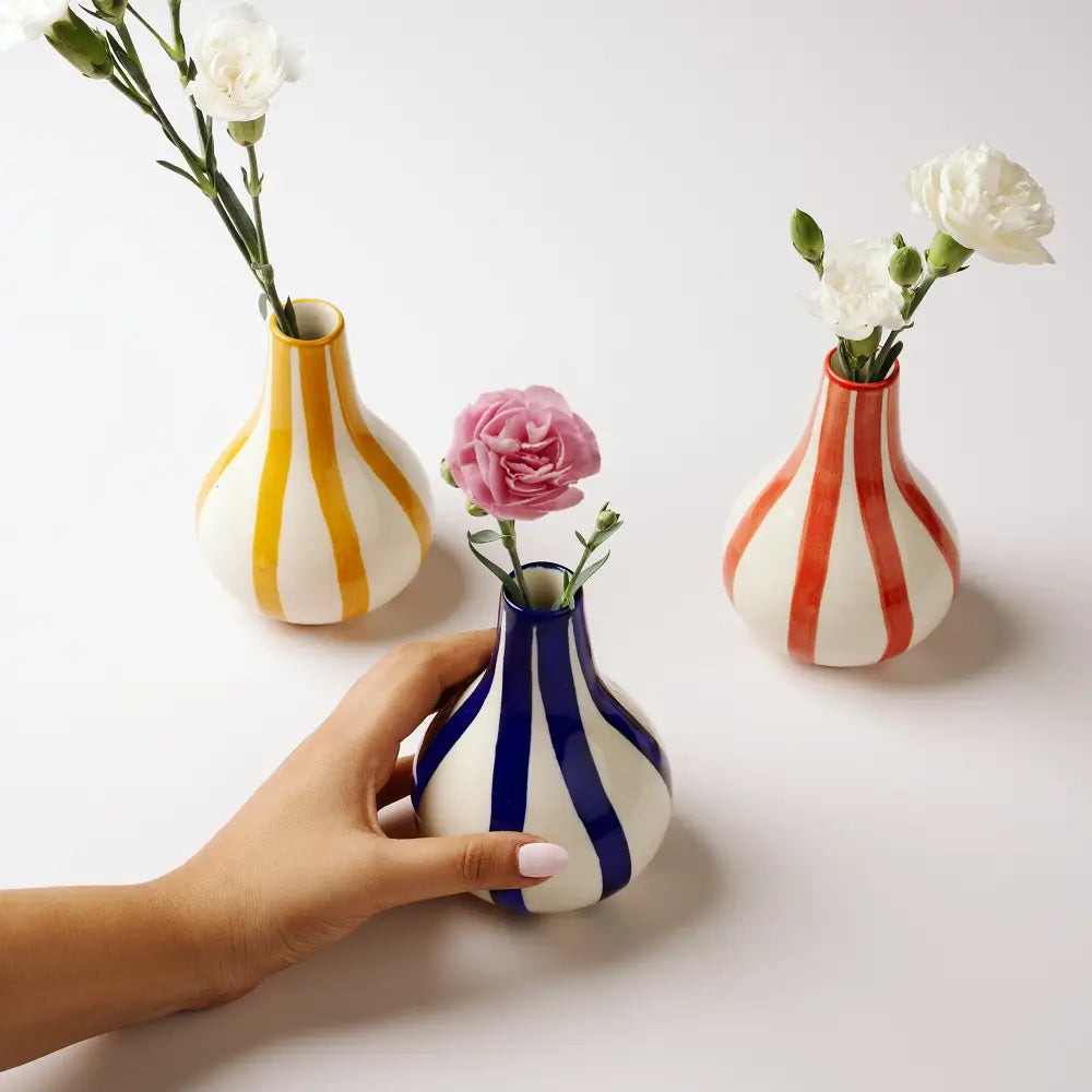 Ceramic Stripe  bud vase, Yellow-  3.5 x 3.5 x 4.75 Inches