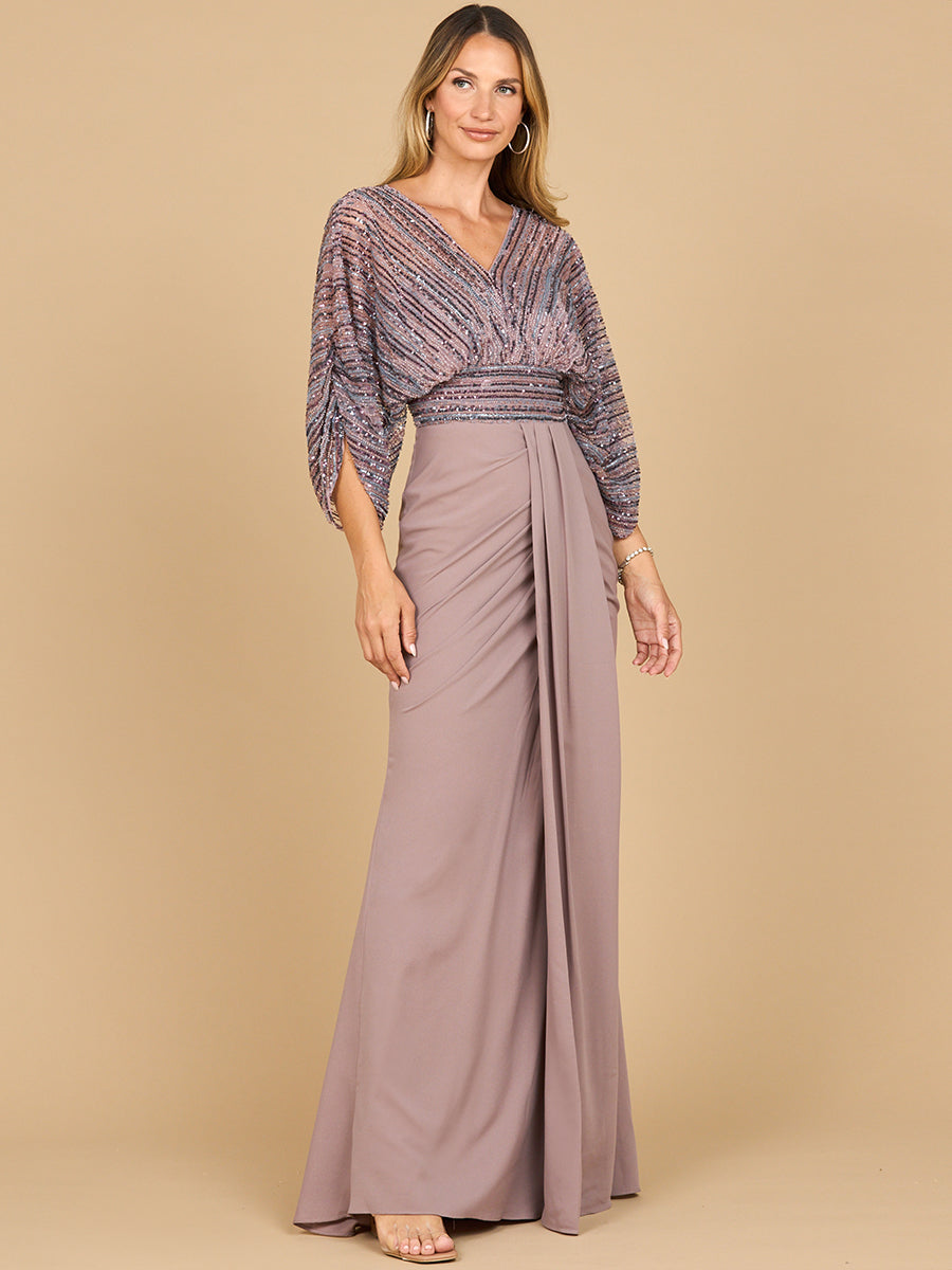 Lara 28950- Draped Skirt Gown with Cape Sleeves
