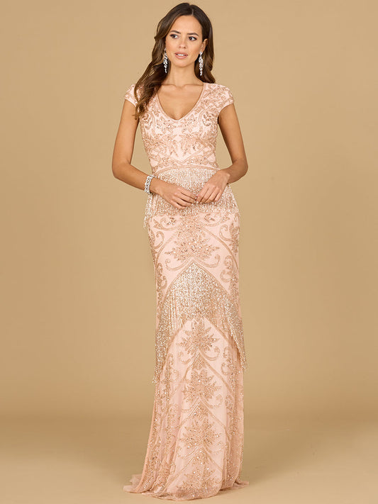 Cap Sleeve Beaded Gown with Fringe