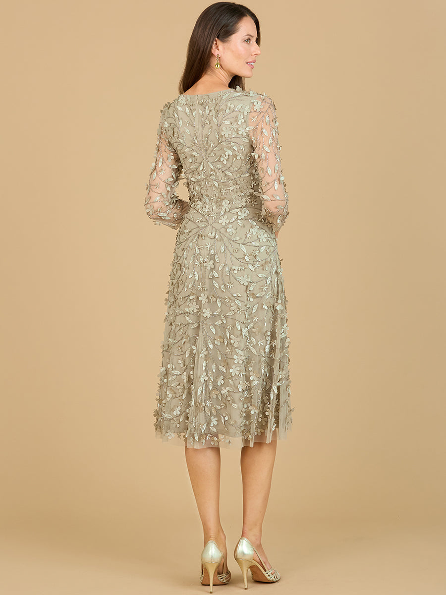 Flowing, 3D Embroidered Midi Dress with Sleeves