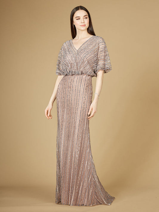 Cape Sleeve V-Neck Gown with Geometric Beading