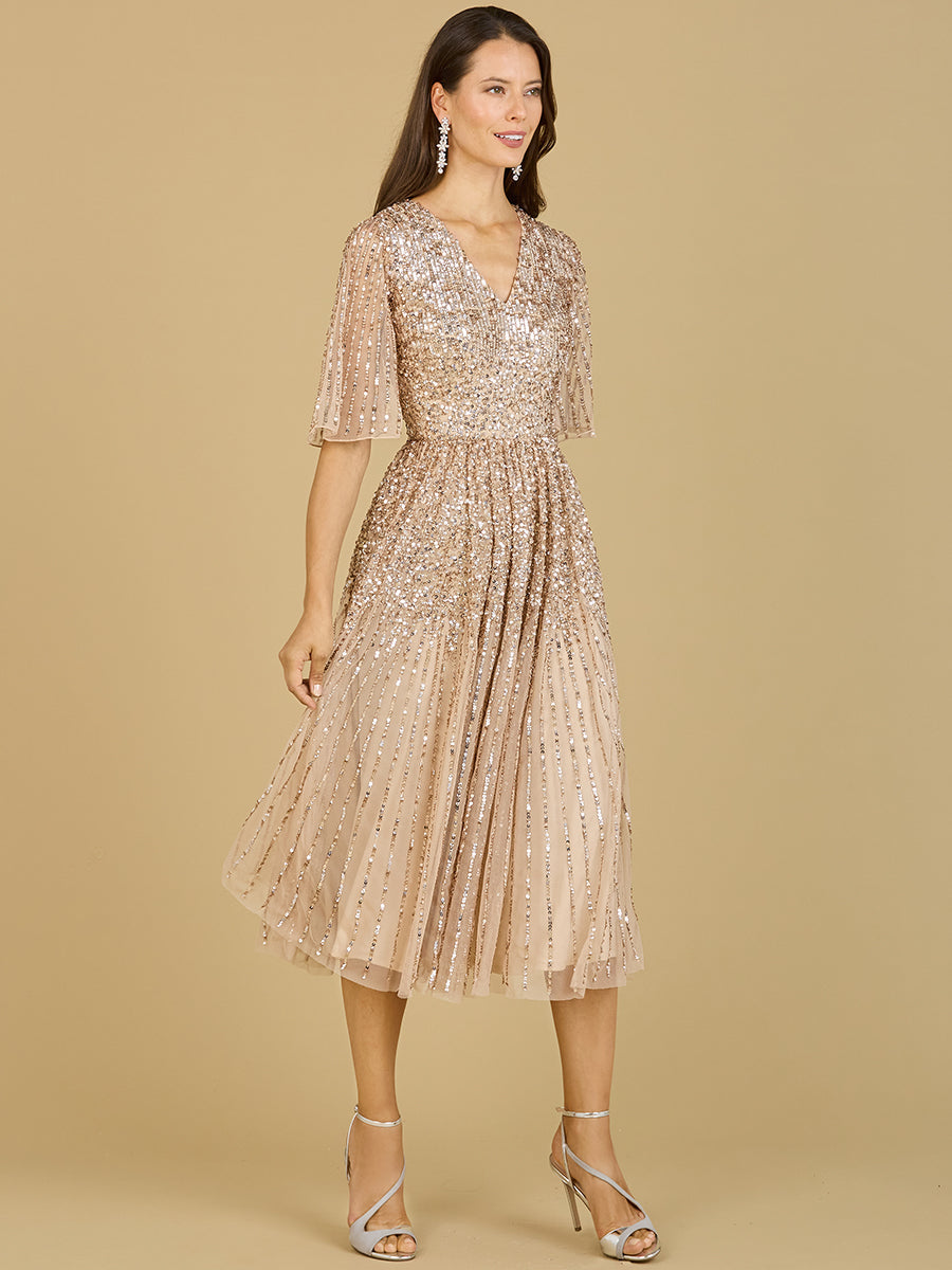 Flowing, Sequin Midi Dress with Short Sleeves