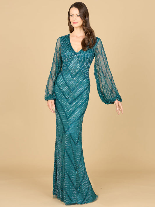 Long Sleeve Beaded Dress with Sheer Sleeves