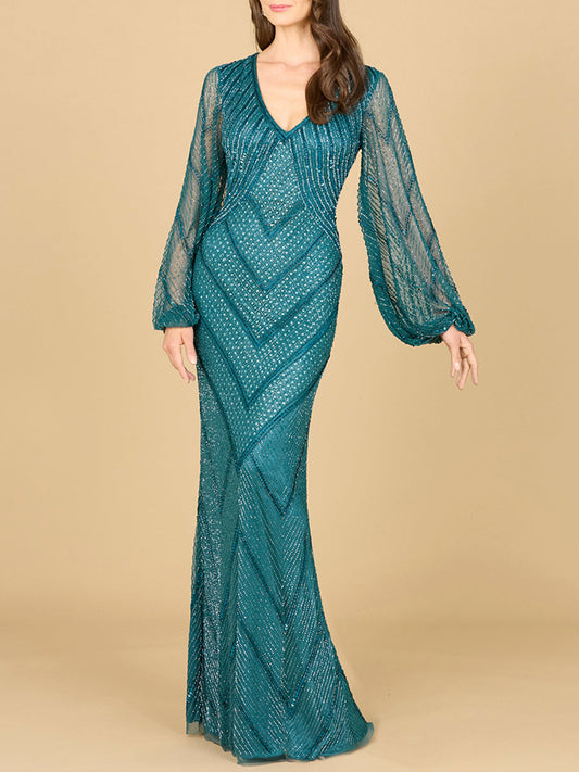Long Sleeve Beaded Dress with Sheer Sleeves