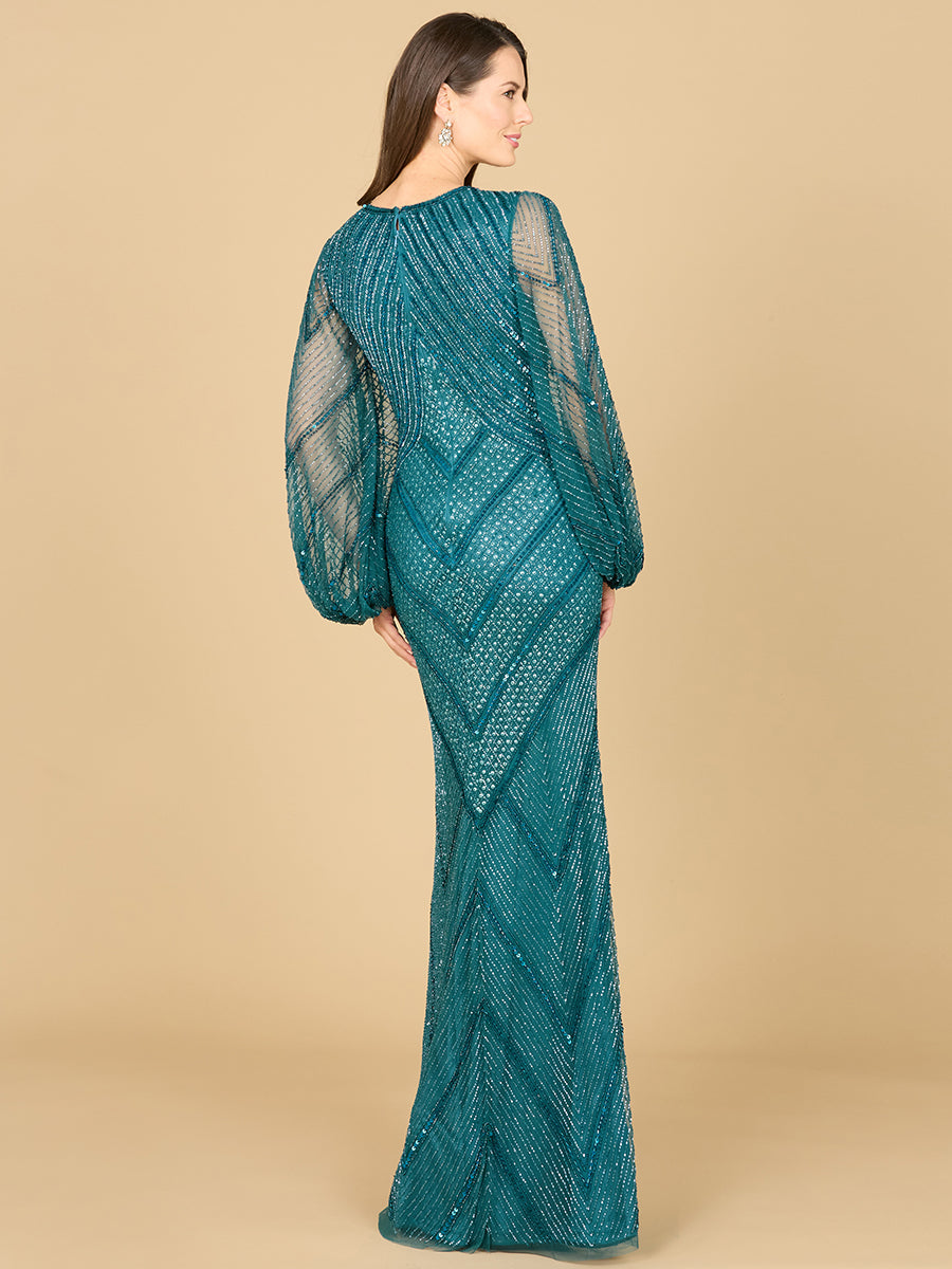 Long Sleeve Beaded Dress with Sheer Sleeves