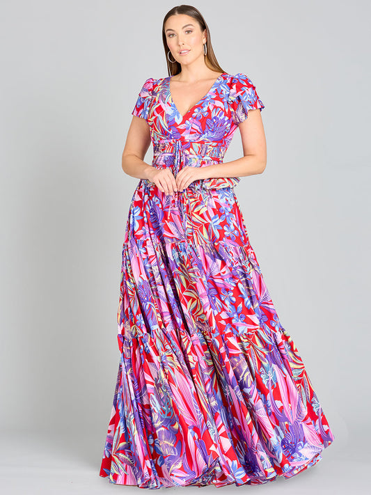 V-Neck Long Print Gown with Cap Sleeves - OUTLET