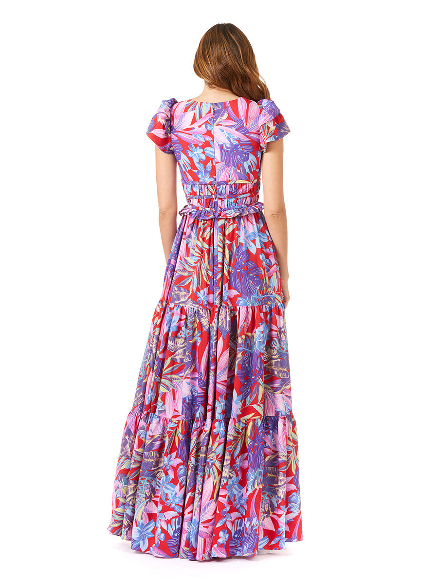 V-Neck Long Print Gown with Cap Sleeves - OUTLET