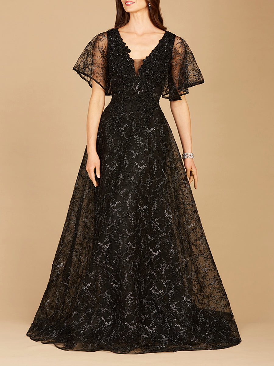 Cape Sleeve Beaded Gown in Black  - OUTLET