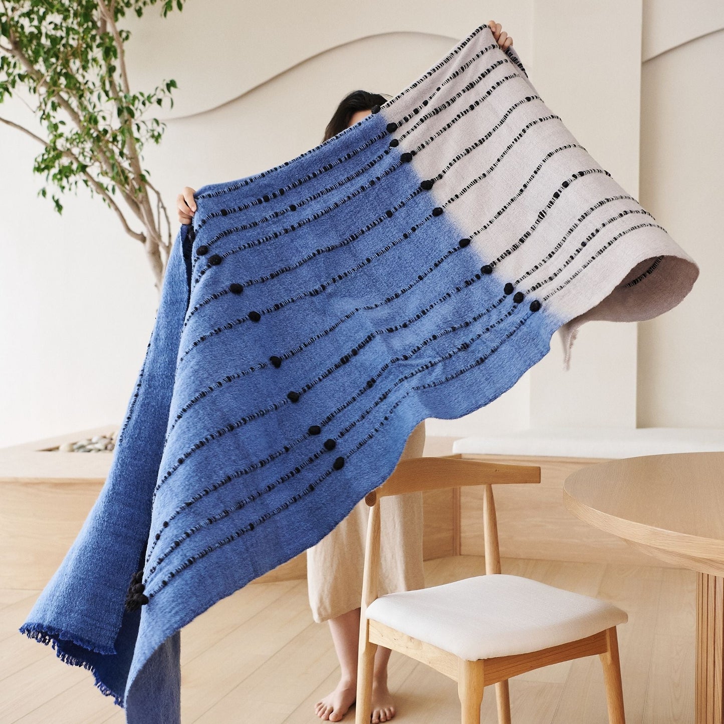 Mari Serene Blue Gray Calming Hues Hand Woven Hand Knotted Textured Merino Throw