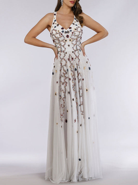 Lara 29544 - Beaded Dress with Open Cross Back and Flowy Skirt