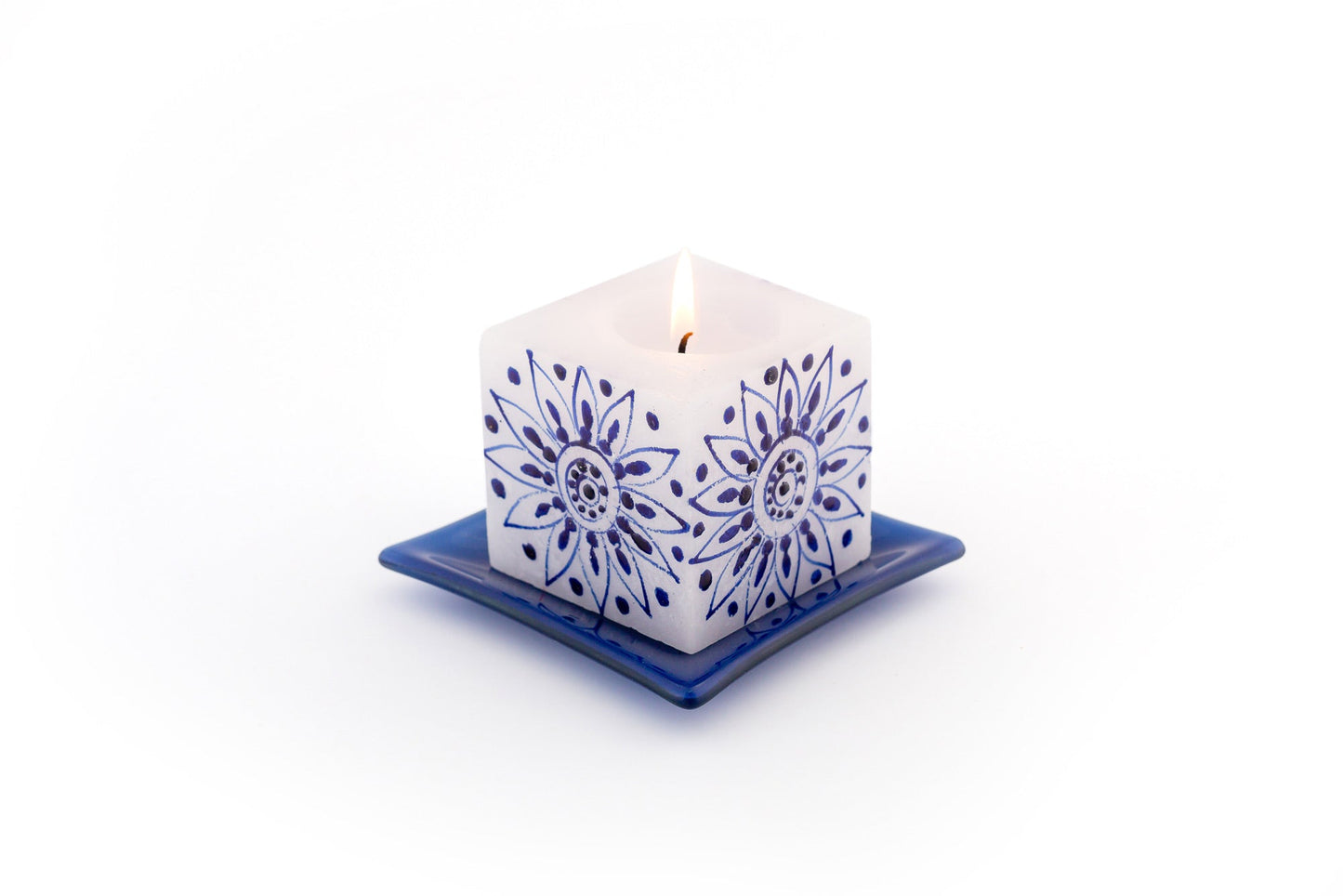 Henna Blue on White Painted Candles