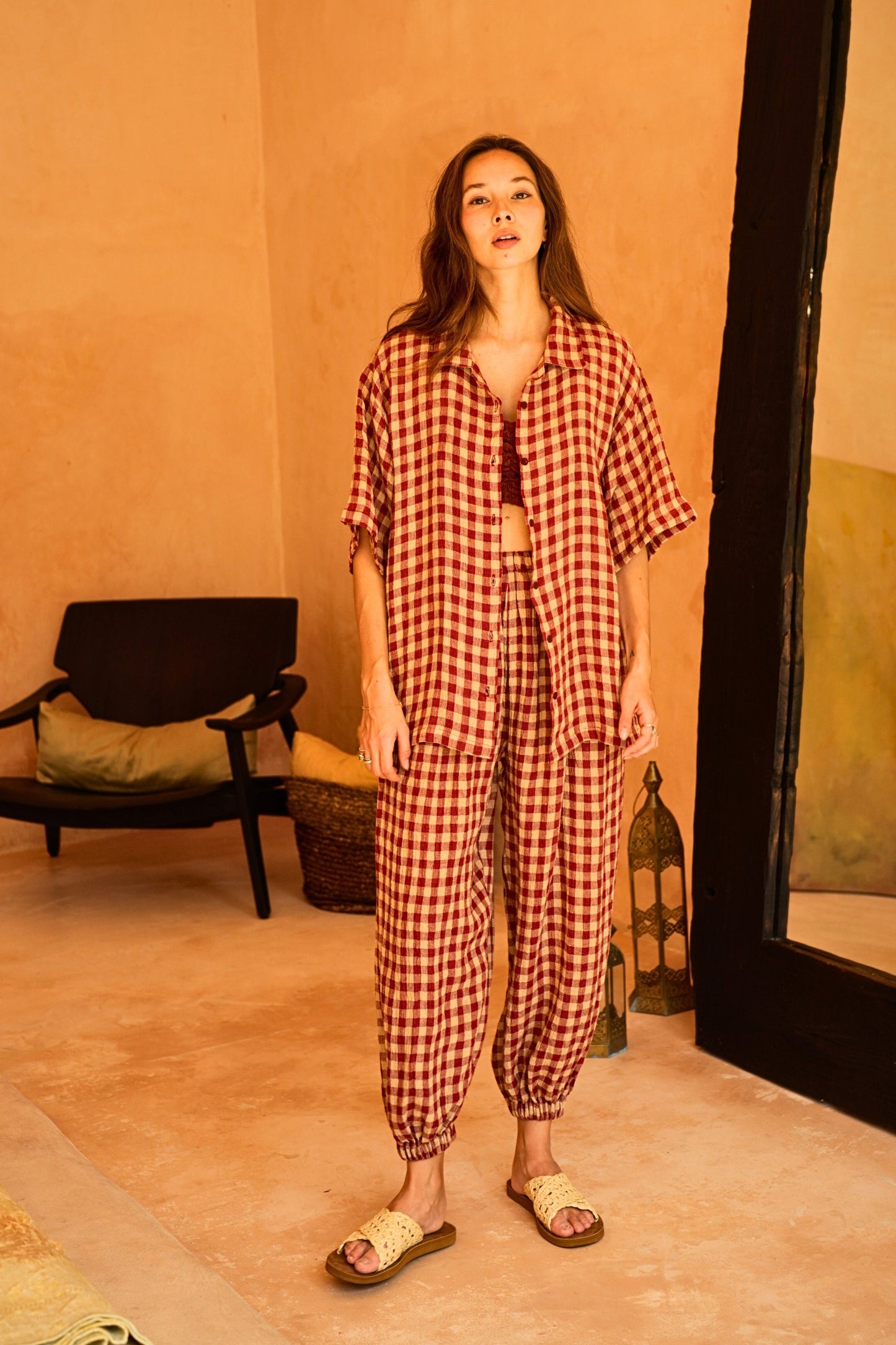 Vanessa Linen Gingham Balloon Pants in Red