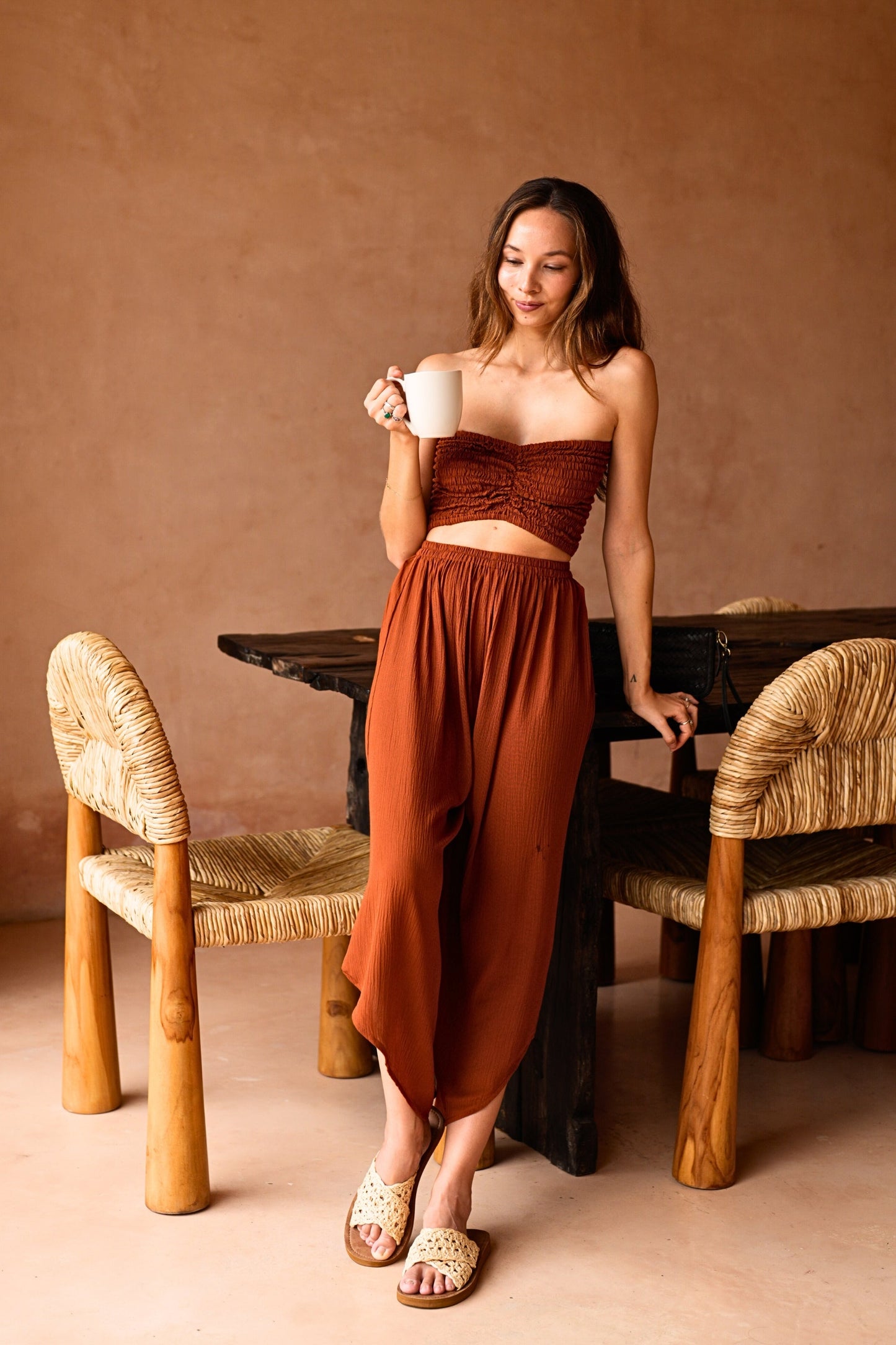 Winona Smocked Tube Top & Asymmetrical Pants Set in Terracotta