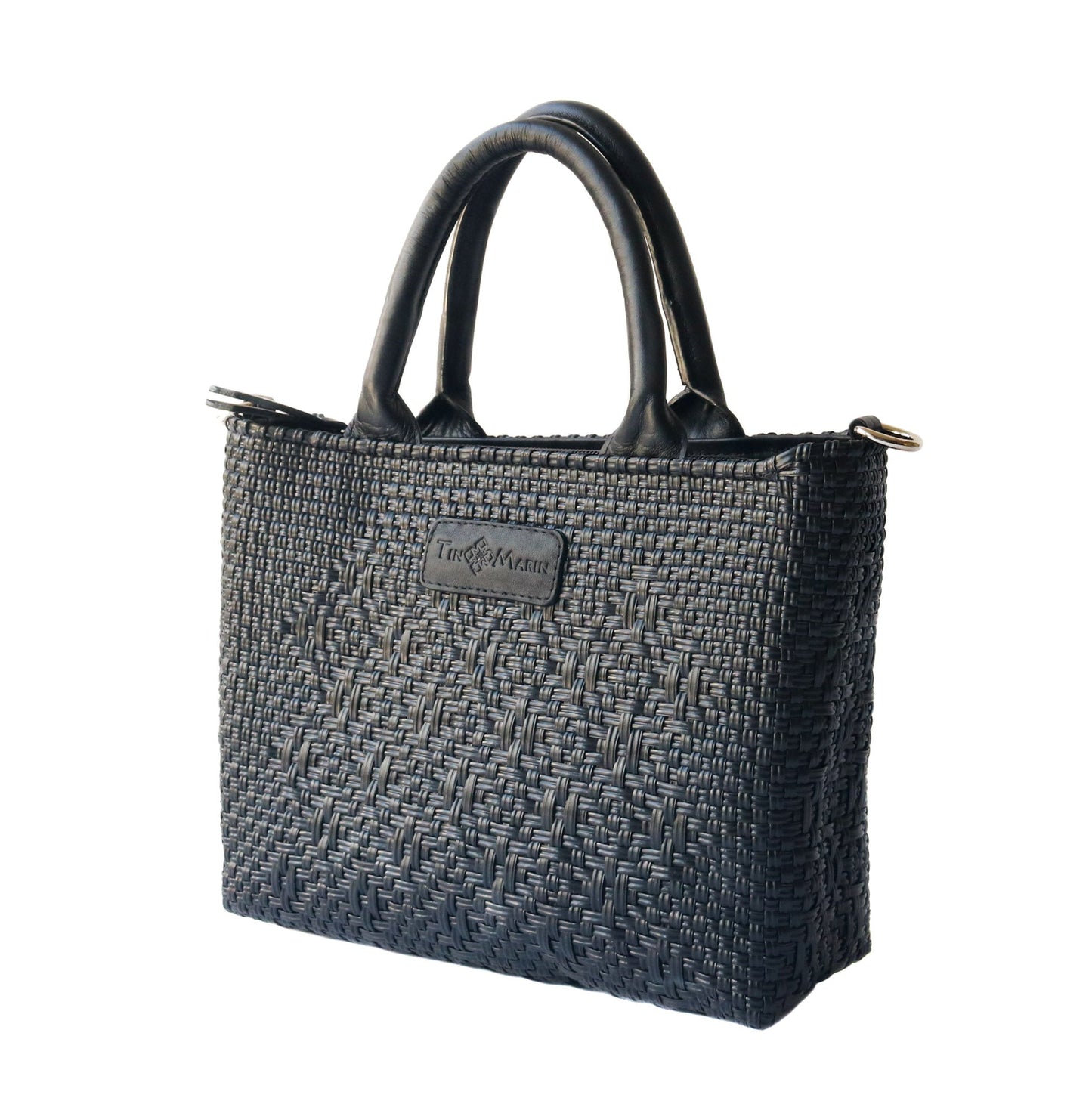 All Black Small Woven Crossbody Bag - Black Leather