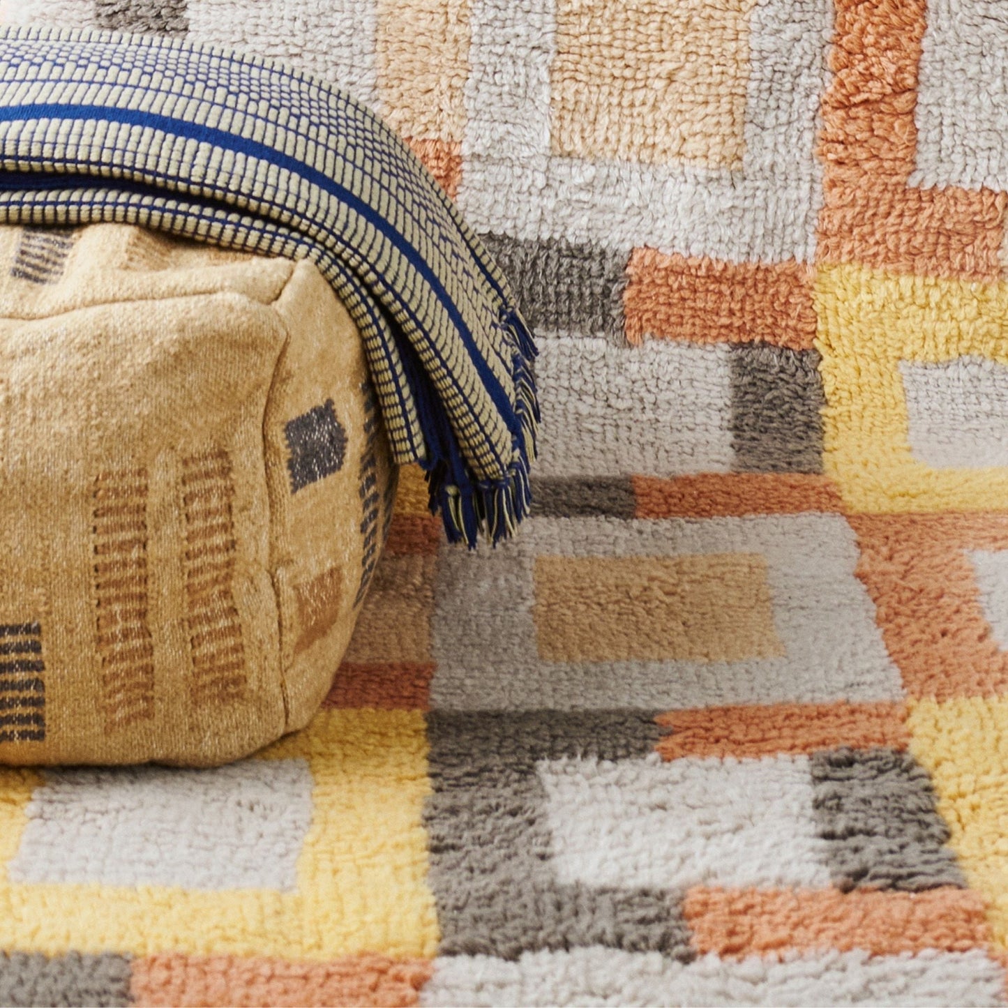 Wheat Geometrical Pattern Jute Cotton Handloom Pouf