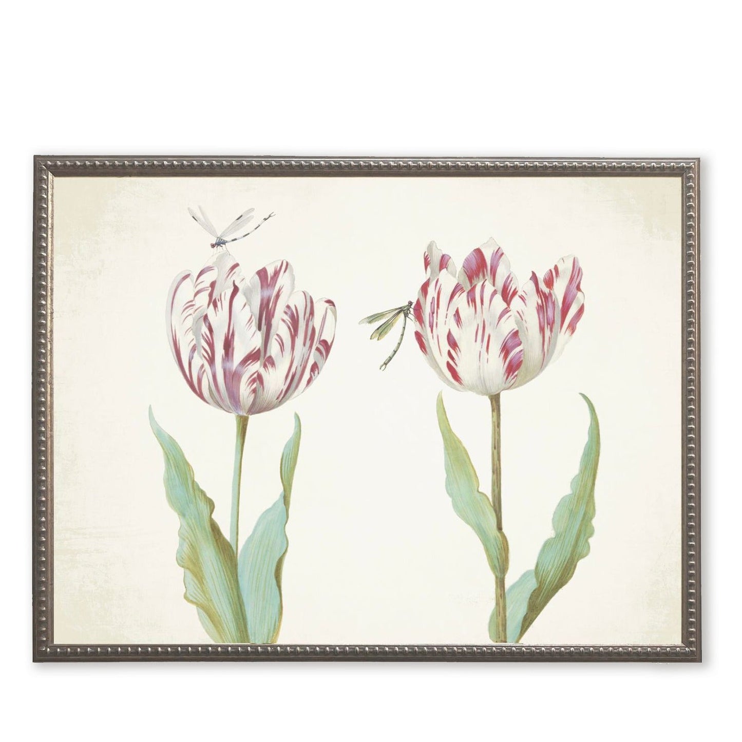 Pink Flowers with Two Dragonflies in Silver-Beaded Frame
