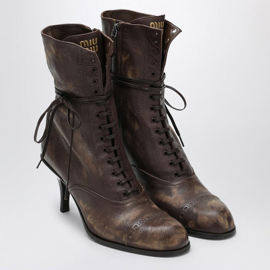 Miu Miu Cocoa-Coloured Lace-Up Boot With Heel Women
