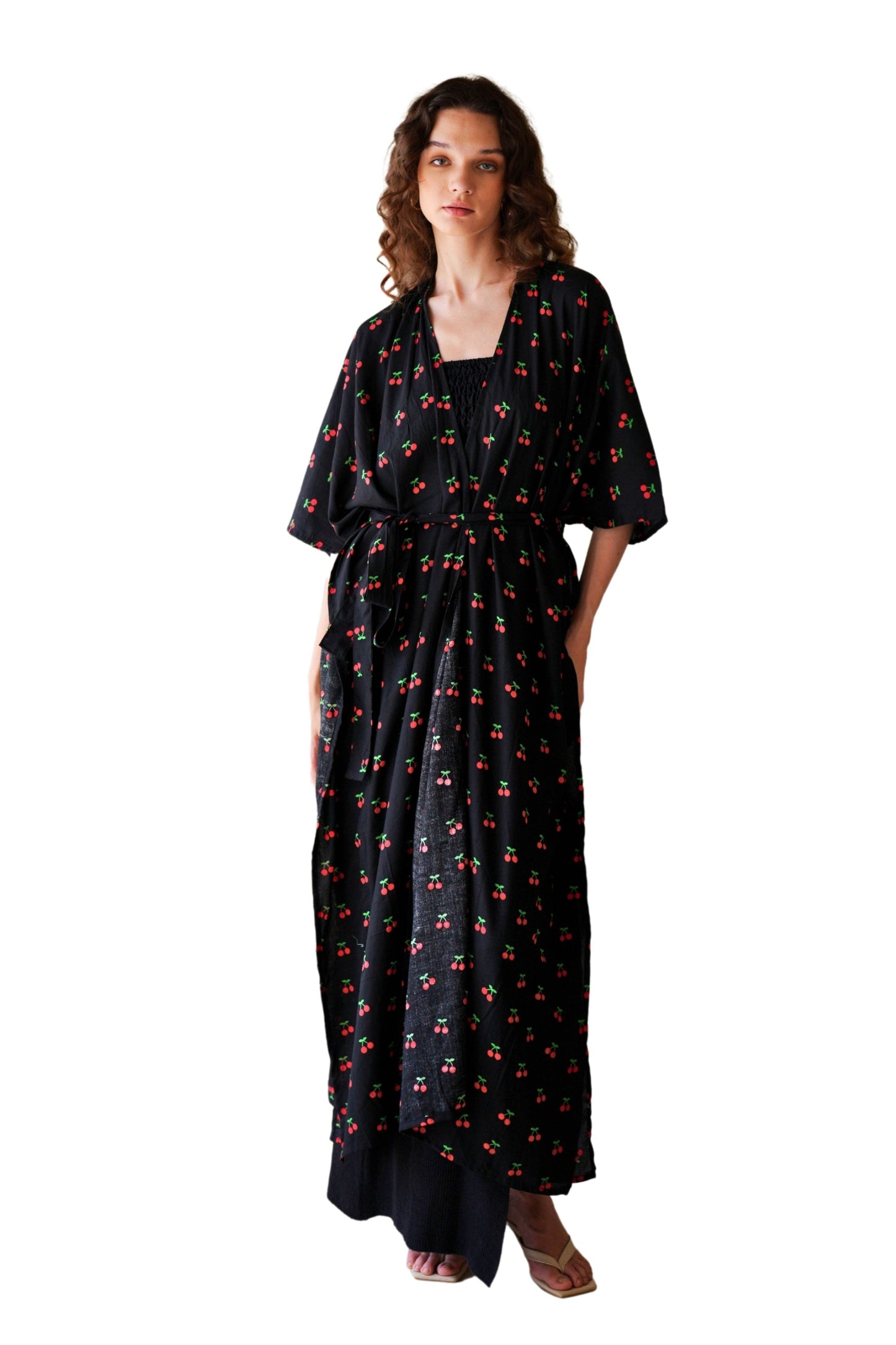 Nostalgic Cherry-Print Travel Kimono Duster
