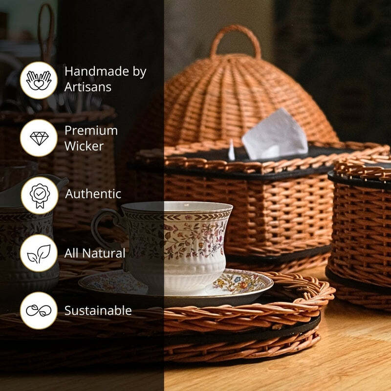 Wicker & Wood Serving Tray