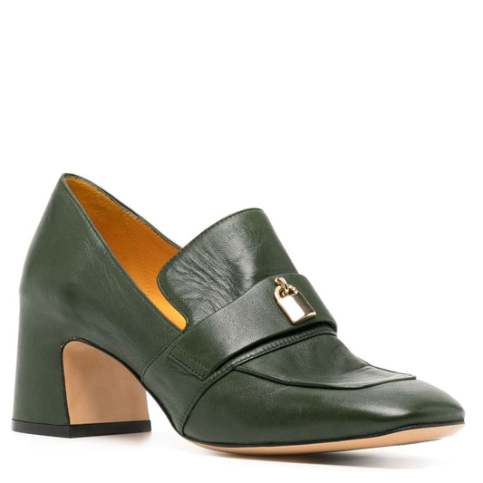 Green Leather Lock Heel Loafer