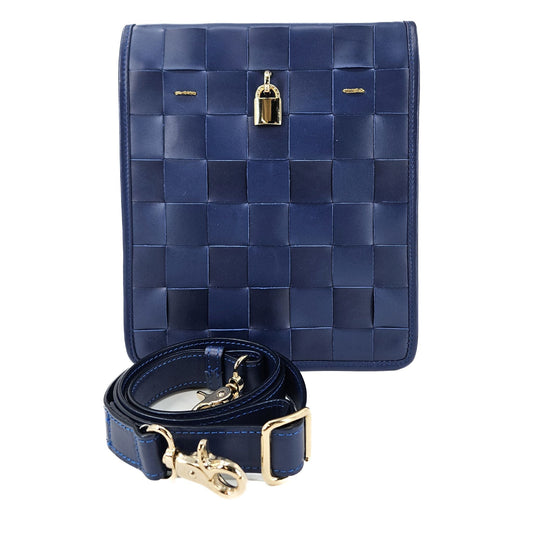 Woven Leather Navy Blue Crossbody Bag