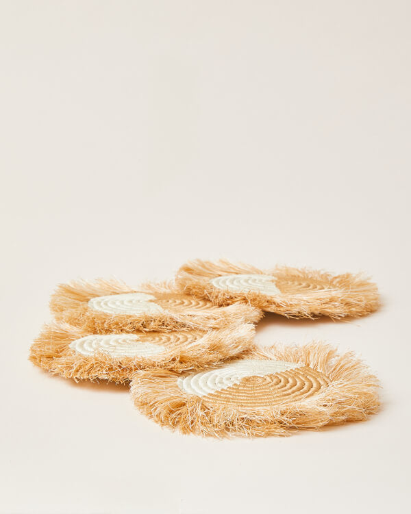 Akeza Fringe Coasters in White - Set of 4