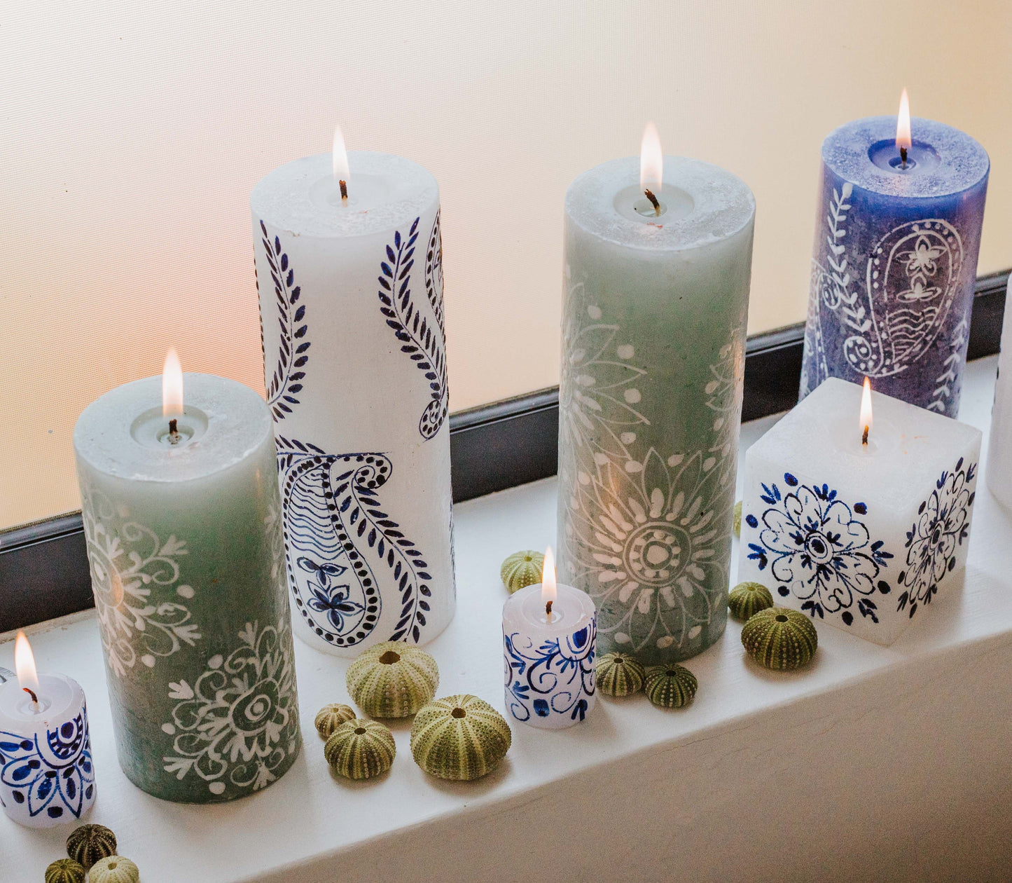 Henna Blue on White Painted Candles