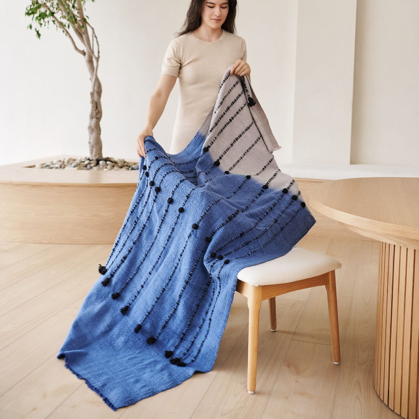 Mari Serene Blue Gray Calming Hues Hand Woven Hand Knotted Textured Merino Throw