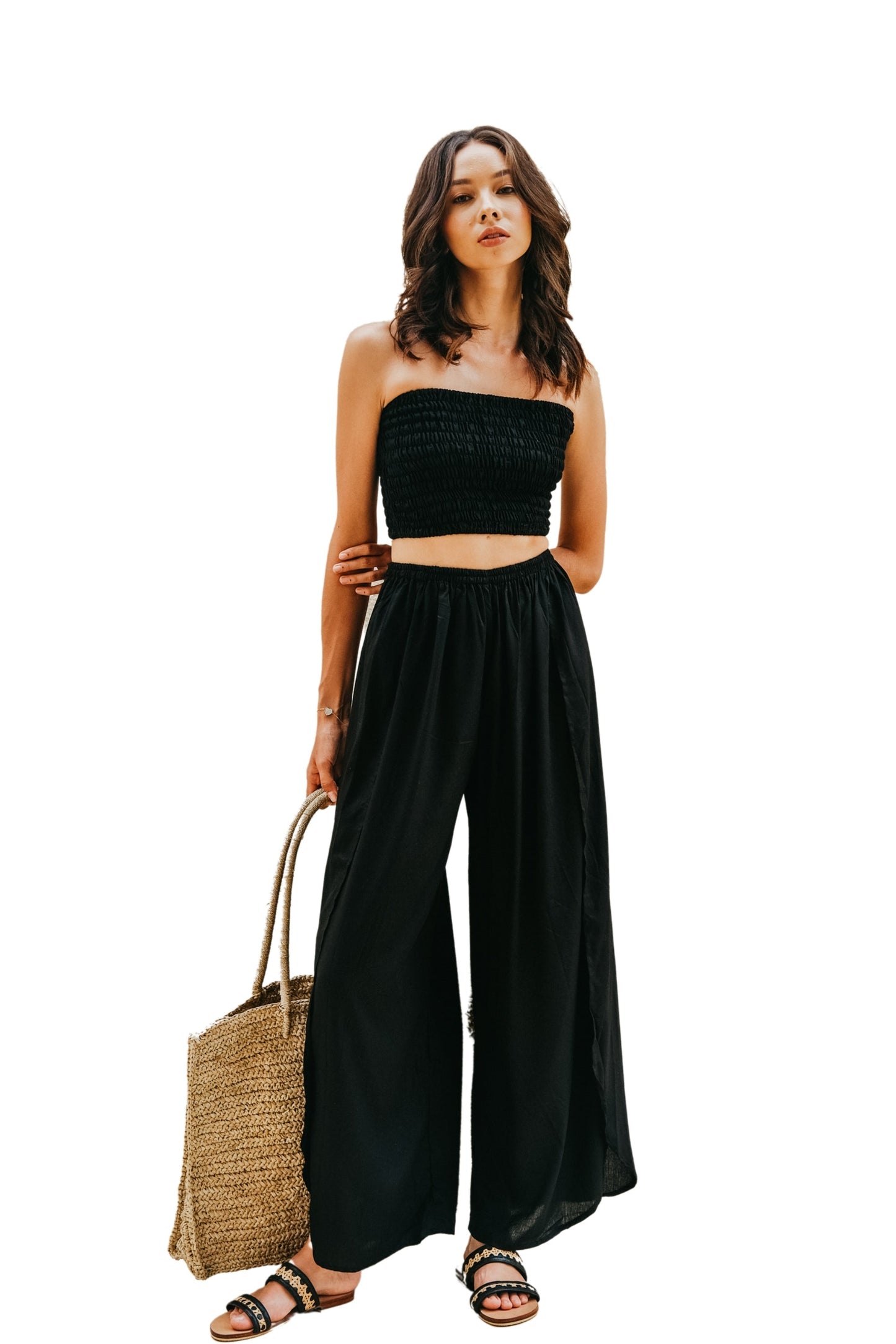Judith Side Split Pants With Matching Tube Top Set in Black