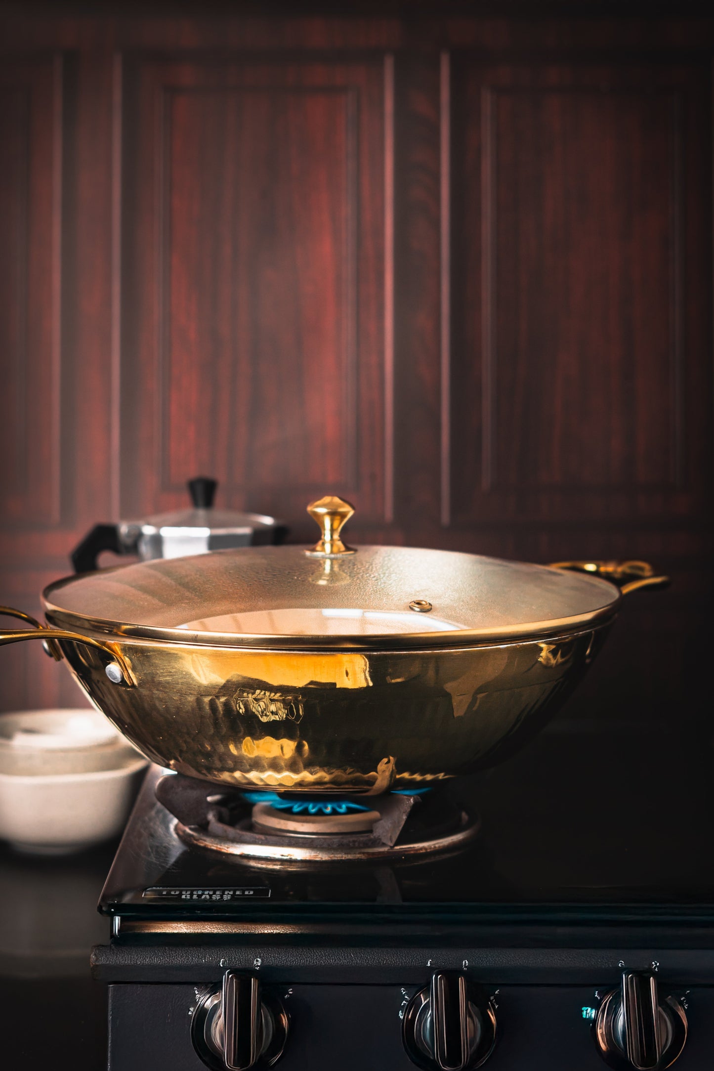 Brass Flat Base Wok with Glass lid - Kadhai (Deep & flat bottom cooking/serving utensil - karahi)