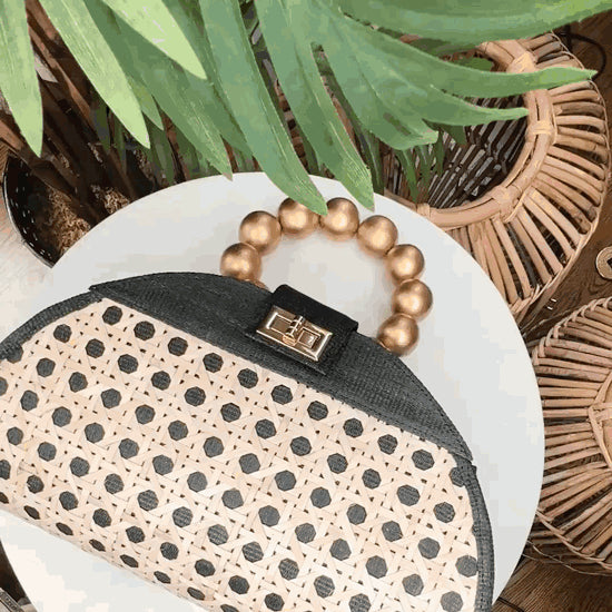 THE ISABELLA Black & Gold Rattan Woven Handbag