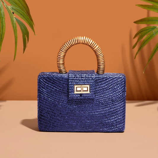 THE GRACIE Navy Blue & Gold Woven Buntal Straw Clutch Bag