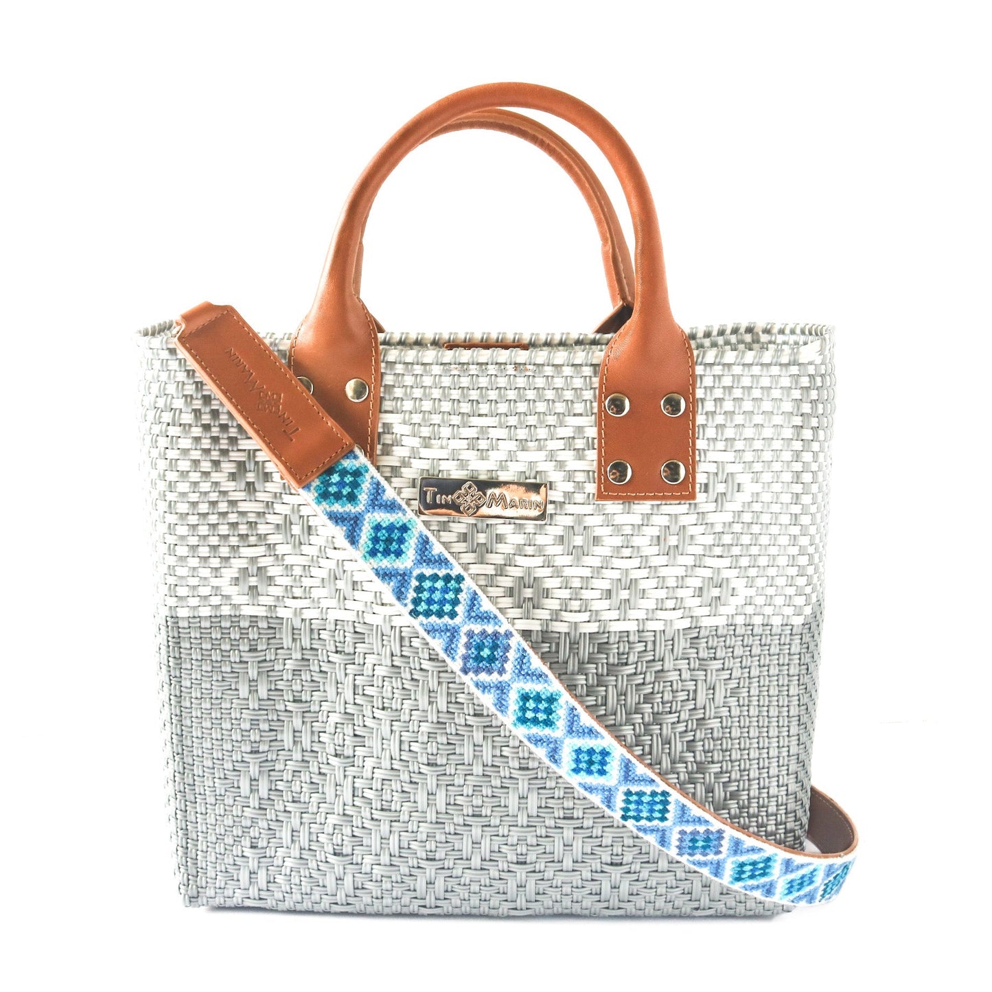 Tin Marin Grey Large Woven Crossbody Bag - Tan Leather