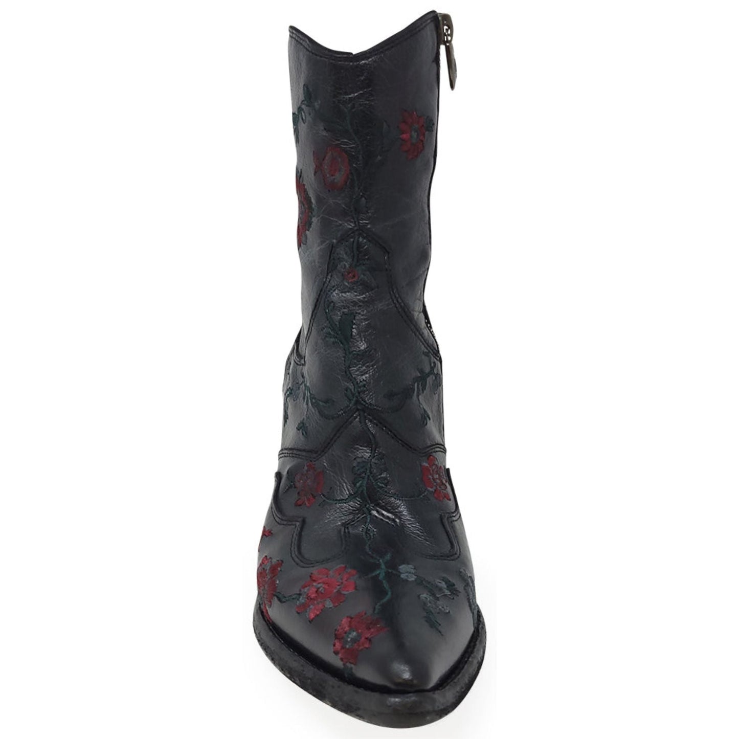 Black Leather Embroidered Ankle Boot