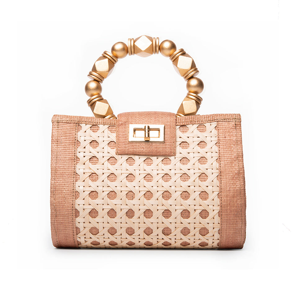THE MILA Tan & Gold Rattan Woven Handbag
