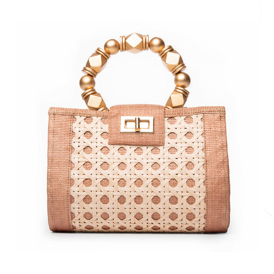 THE MILA Tan & Gold Rattan Woven Handbag