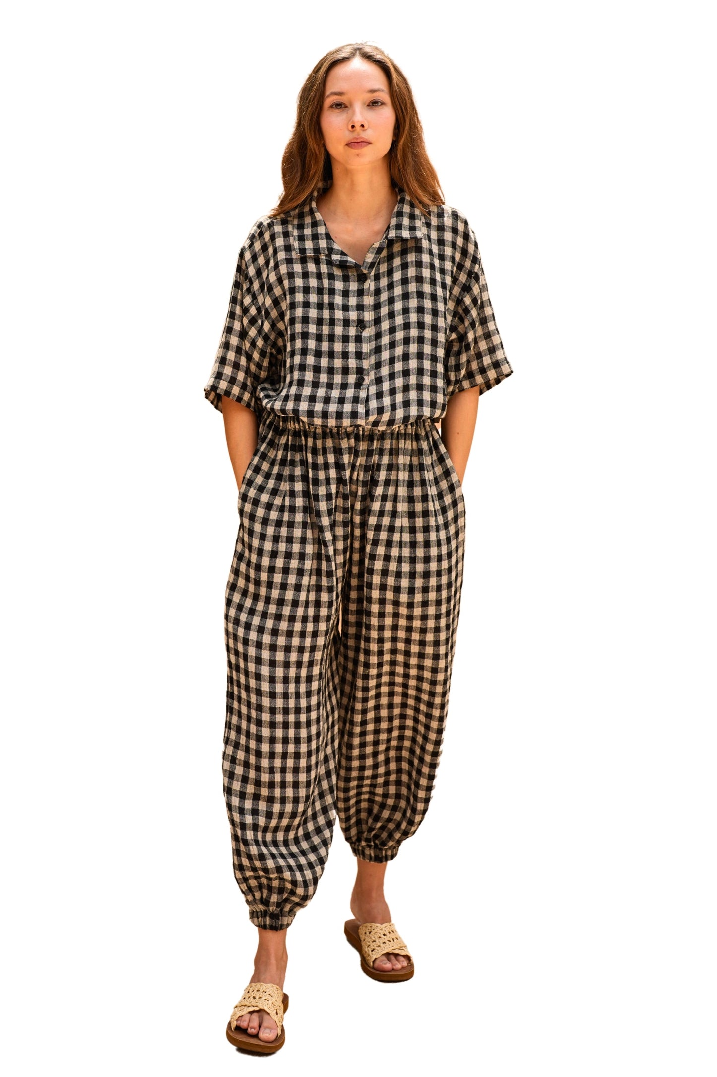 Vanessa Linen Gingham Balloon Pants in Black