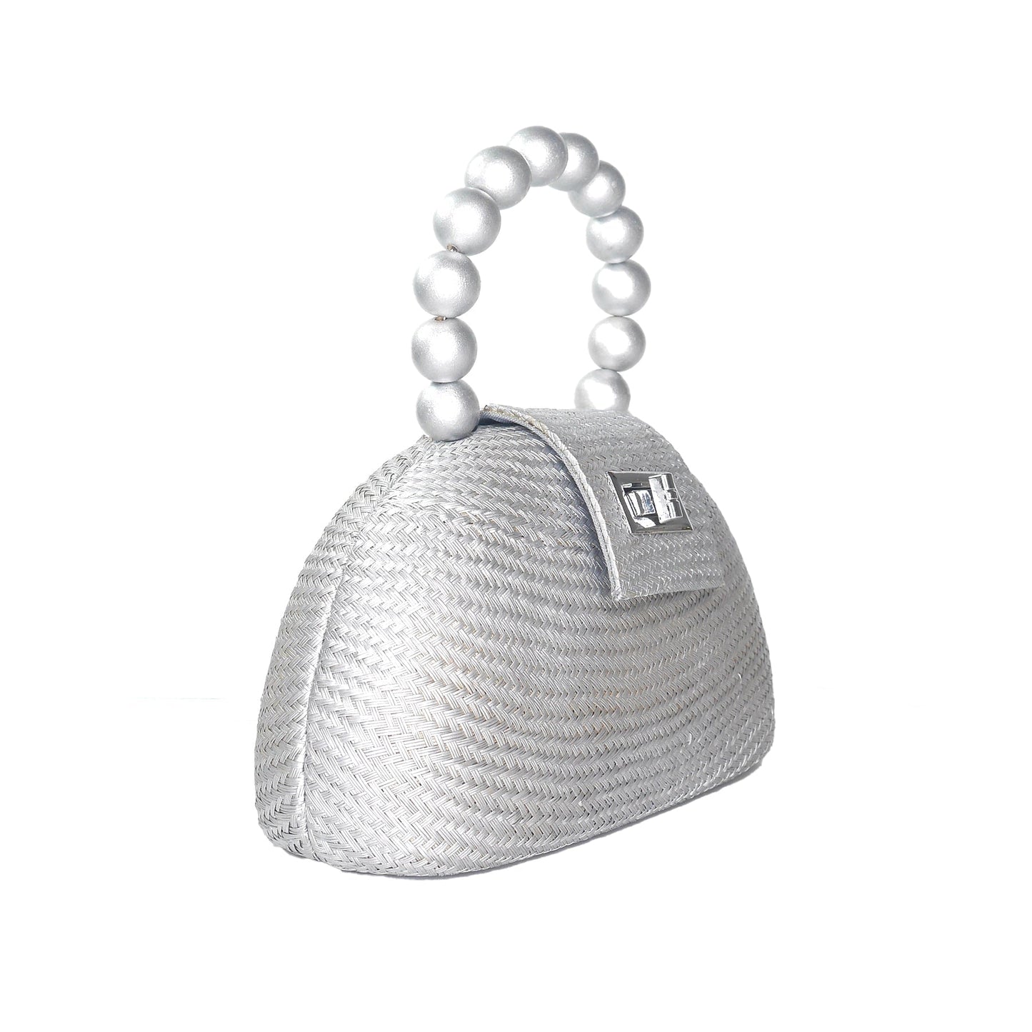 THE ORLA Silver Woven Straw & Wooden Bead Statement Clutch Bag
