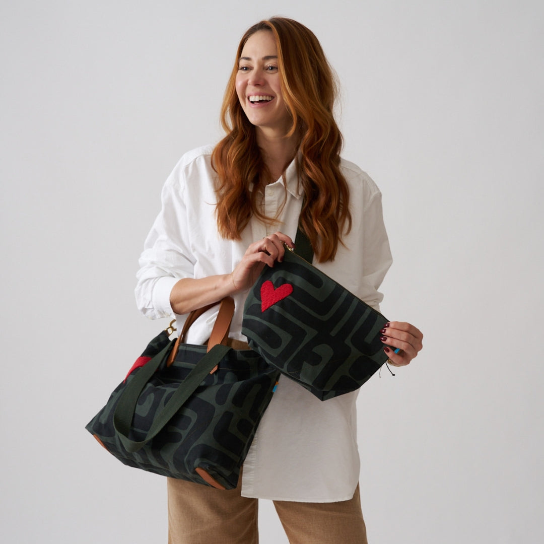 Large Convertible Pouch - Safari Kuba with Beaded Red Heart