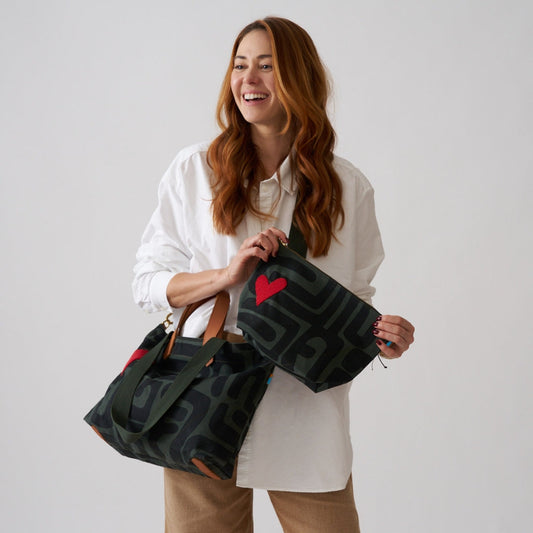 Large Convertible Pouch - Safari Kuba with Beaded Red Heart