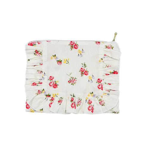 English Rose Posy|Timeless Floral Ruffle Zipper Pouch