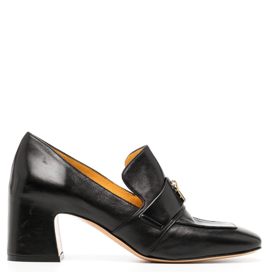 Black Leather Lock Heel Loafer