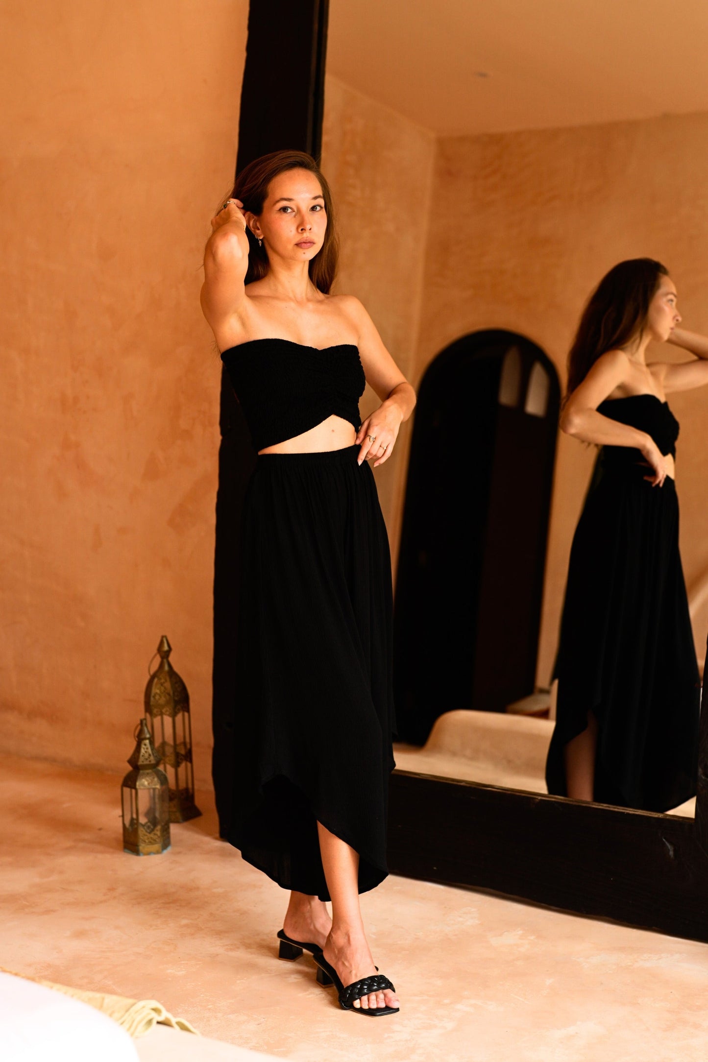 Winona Smocked Tube Top & Asymmetrical Pants Set in Black